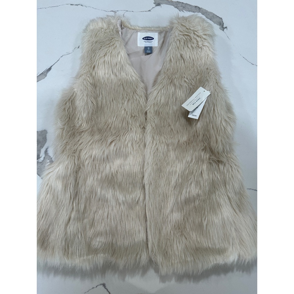 Old Navy Womens Faux Fur Vest Cream Beige Shaggy Sleeveless Jacket XS NWT